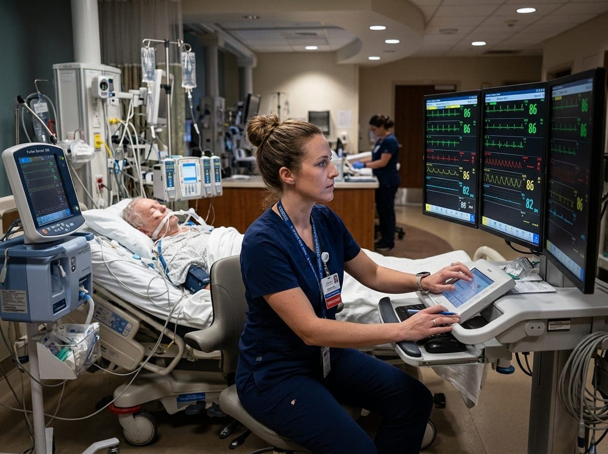 Intensive care unit nurse monitoring critical patient vital indicators